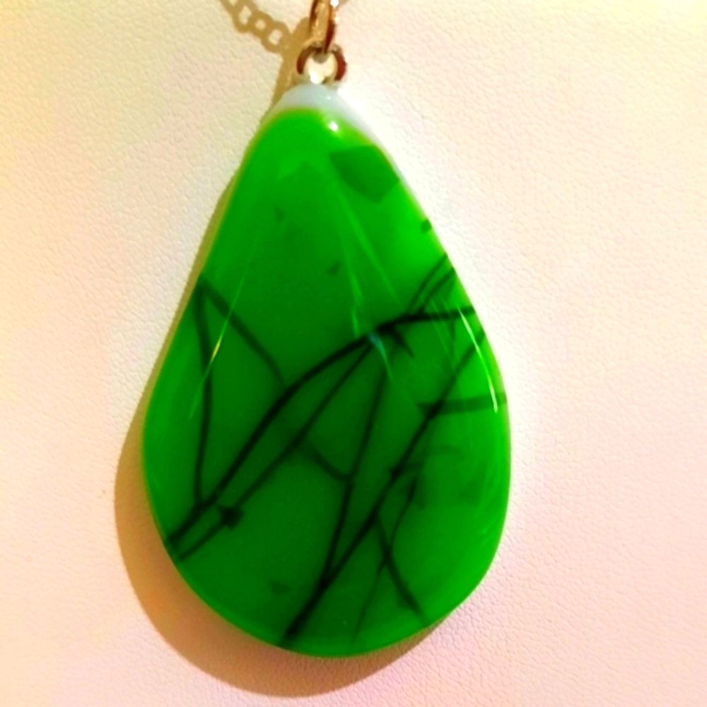 Stained Glass Green Tear Drop Shape Necklace